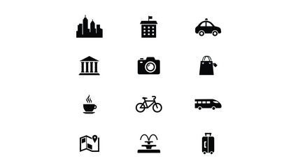 Minimalist black icons set featuring urban travel and lifestyle symbols on neutral background with lifestyle themes against stark white backdrop high contrast clarity © Pronab