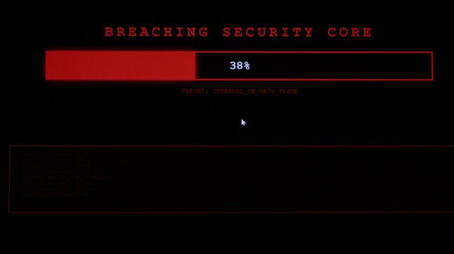 Hacker breaching security core with progress bar on screen. Concept of cyber attack, data breach, system compromised, and failed digital firewall network security.