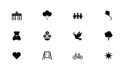 Minimalist black icons set featuring playful symbols nature travel and emotions in clean flat design with each symbolizing diverse themes travel © Pronab