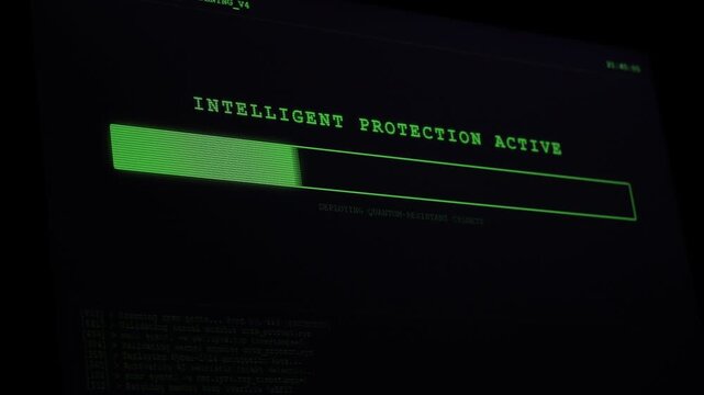 Intelligent protection active with progress bar on screen. Concept of successful cyber security defense, system secure popup, firewall scan, and digital network integrity check.