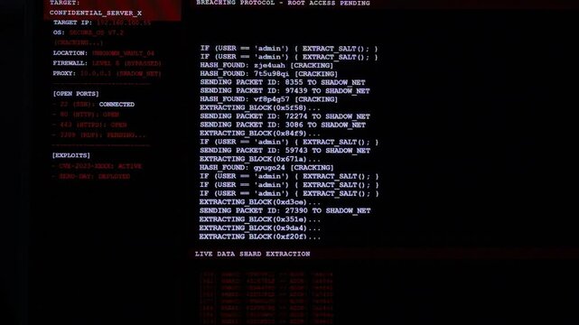 Hacker terminal console screen cracking passwords and extracting data packets to shadow net. Concept of advanced cyber attack, data breach, and corporate server database exploit.