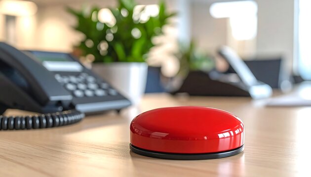 Red button on a desk in an office setting