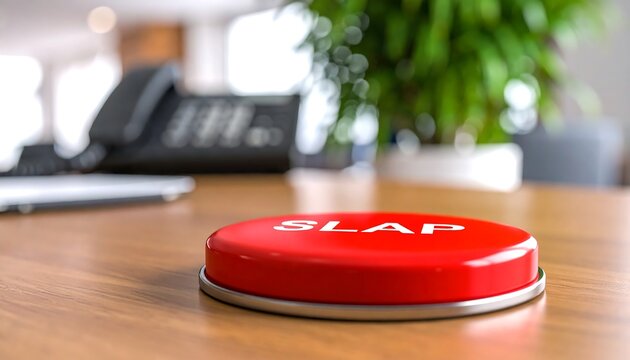 Red SLAP button on a wooden desk in an office environment