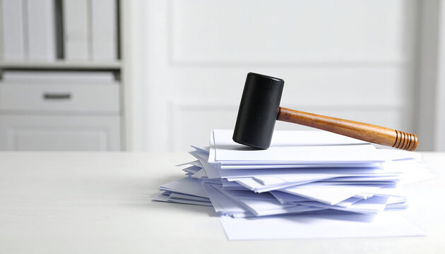 Rubber hammer on a stack of white papers