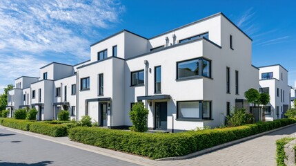 Obraz premium Modern white residential building exterior with clean lines, large windows, minimalistic architectural design, sunny day with blue sky and landscaped greenery