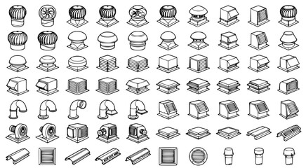 Set of rooftop industrial ventilation and exhaust fan units for building climate control systems in isometric black and white line art vector graphic style for architectural and construction projects © Abirex