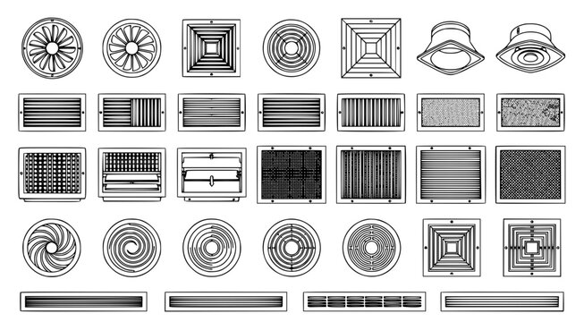 Comprehensive collection of air ventilation and hvac system grilles for interior climate control and airflow management in black and white line art technical drawing style for architectural plans