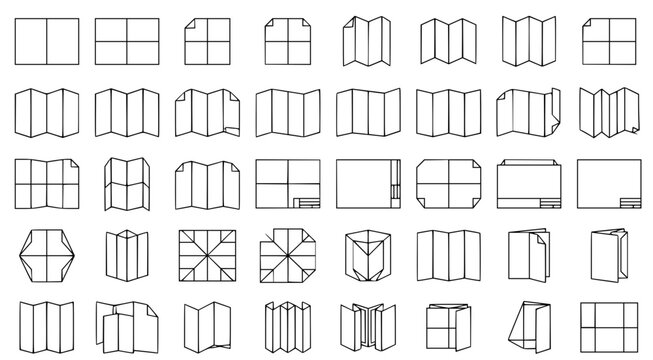 Collection of various paper folding patterns and document document layout diagrams for print design and packaging development in clear black and white line art vector illustration style sets