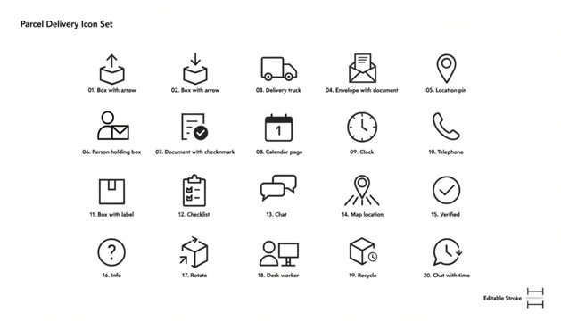 Parcel delivery icons, package shipping symbols, logistics signs, courier service set, 20 vector graphics