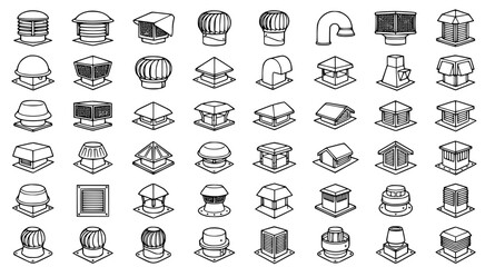 Roof ventilation exhaust fans and attic air vent vector icon set for hvac systems and building construction architectural design documentation and property maintenance © Abirex