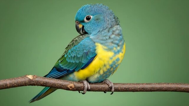 A vibrant blue parrotlet perched gracefully on a thin brown wooden branch