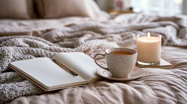 Cozy bedroom scene with open notebook, pen, warm cup of coffee on saucer, lit candle, soft blanket and bed creating relaxing morning atmosphere and comfort