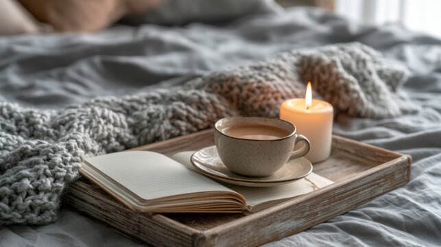 Cozy morning setup with ceramic cup of coffee, open notebook, lit candle, and knitted blanket on soft bed with natural light creating warm atmosphere