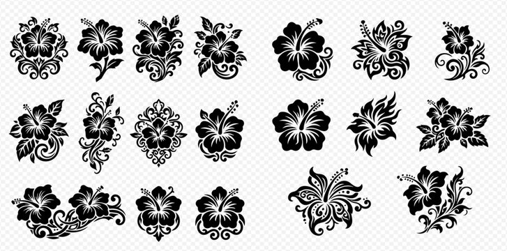Set of black and white hibiscus flower illustrations with intricate details and swirling patterns, perfect for tropical designs and decorative elements.
