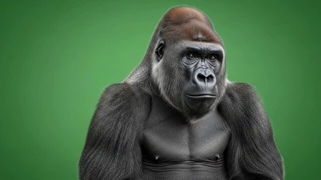 A detailed portrait of a silverback gorilla against a solid green background