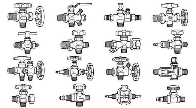 Set of industrial plumbing valve icons featuring various mechanical designs for fluid control systems in engineering and construction technical diagrams isolated on a clean white background