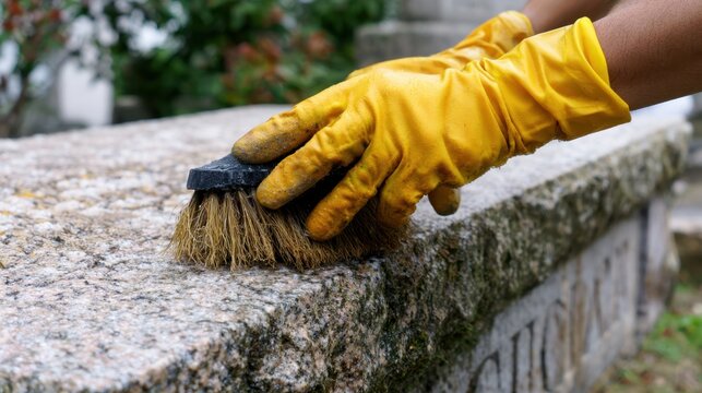 Close-up of hand wearing yellow glove scrubbing stone surface with wire brush outdoors for cleaning and restoration work in garden or cemetery setting