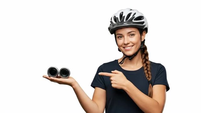 A smiling young female cyclist pointing at two small circular objects