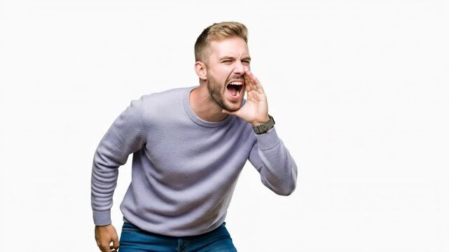 A young blonde man shouting loudly with his hand cupped around his mouth