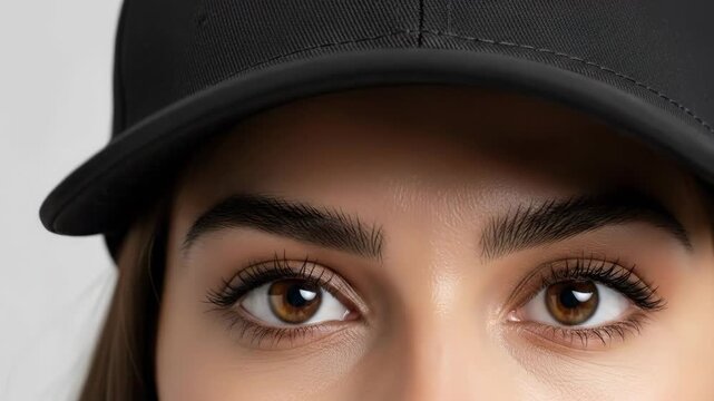 Close up portrait of a young woman wearing a plain black baseball cap