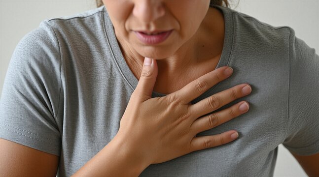 Woman clutches chest in pain experiencing discomfort. Her hand grips sternum area indicating internal hurt. Close view shows suffering expression on face.