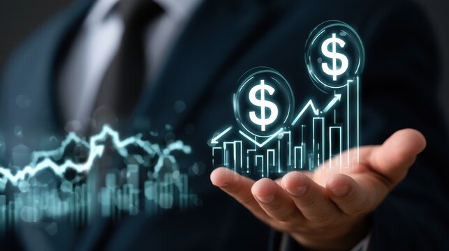 Businessman in suit holding glowing digital financial graph with rising bar chart and dollar symbol icons symbolizing economic growth and investment success