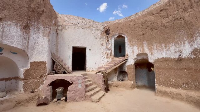 Traditional Matmata cave dwelling Courtyard with Earthen Walls and Berber Decor in Tunisia.
