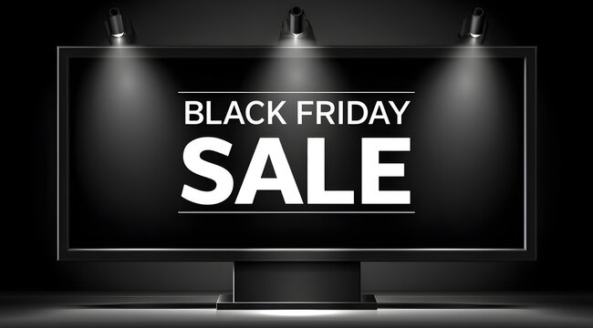 On a dark billboard under spotlights, a Black Friday sale announcement was made. Minimalist in design, the promotion aimed to highlight significant discounts and shopping events. The offers were desig