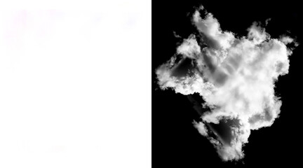 Obraz premium Fluffy white cloud isolated on black background, ethereal cumulus cloud texture for compositing, realistic atmospheric smoke effect for design
