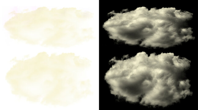 Fluffy white clouds isolated on black and white backgrounds, set of 4 realistic cumulus cloud elements, atmospheric weather design assets
