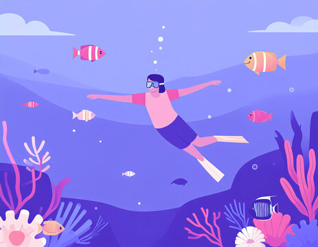 Young man snorkeling and diving deep in blue ocean water swimming near colorful coral reef and fish flat vector character illustration