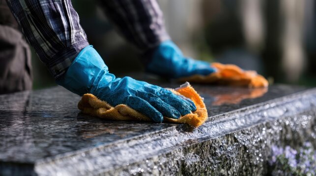 Close-up of hands wearing blue rubber gloves cleaning a polished granite surface with an orange cloth in a detailed maintenance and sanitation task
