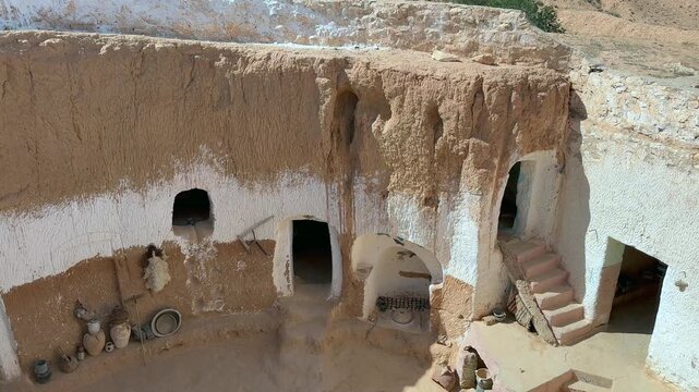 Pan right of courtyard of a traditional Matmata troglodyte cave house with carved stairs, doorways and arid hills around, Tunisia.