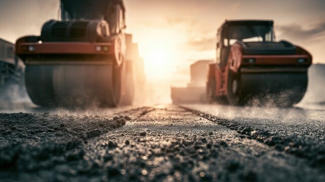 Close-up view of heavy construction roller compressing asphalt on road during sunset with dust and machinery in background creating industrial work environment