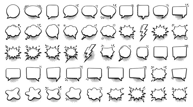 :
Empty Comic Speech Bubble Vector Pack with Black Halftone Pop Art Dialogue Elements