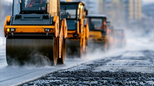 Close-up view of heavy yellow road roller machines compacting freshly laid asphalt during street construction on urban city road in foggy weather