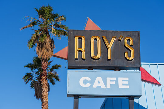 Roy's Cafe sign in Barstow, California on a sunny morning.