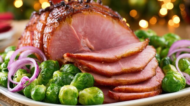 Whole baked ham with vegetables on holiday table