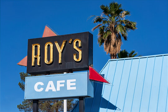 Roy's Cafe sign in Barstow, California on a sunny morning.