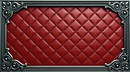 Obraz premium Close up of red tufted leather panel with ornate metallic frame corners. Quilted diamond pattern, deep texture, classic luxury feel. Perfect for interiors, fashion, or vintage design.