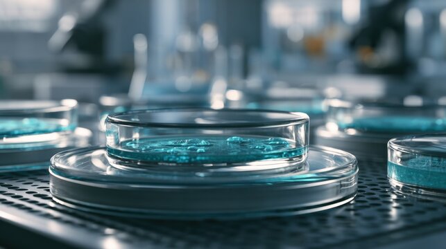 Close-up view of transparent glass petri dish with blue liquid on laboratory surface in bright scientific research environment with blurred background