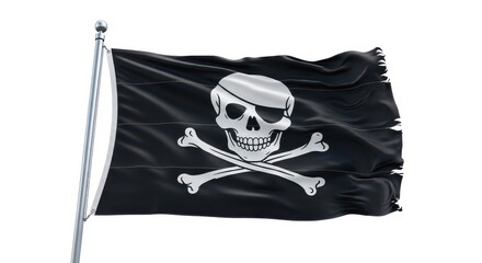 Obraz premium Waving Pirate Flag Jolly Roger with Skull and Crossbones on Flagpole Isolated on White Background
