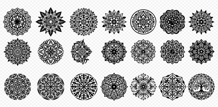 Set of intricate black and white mandala designs with various geometric and floral patterns, perfect for decorative and spiritual applications.
