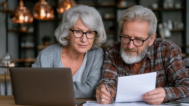 Senior couple with gray hair and glasses sitting at table using laptop and reviewing paperwork with serious expressions in modern home interior with warm lighting