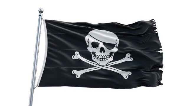 Waving Pirate Flag Jolly Roger with Skull and Crossbones on Flagpole Isolated on White Background