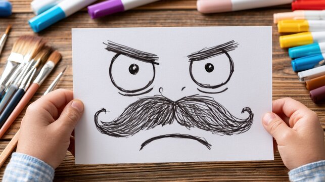 Child holding white paper with hand-drawn angry face featuring furrowed eyebrows and mustache surrounded by colorful markers and paintbrushes on wooden table