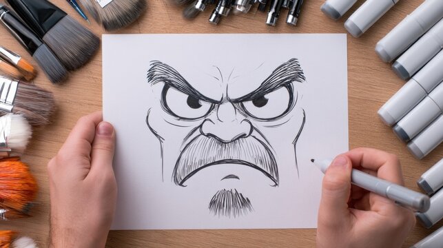 Detailed hand drawing of angry face with intense expression on white paper surrounded by artistic tools for creative illustration and character design concept