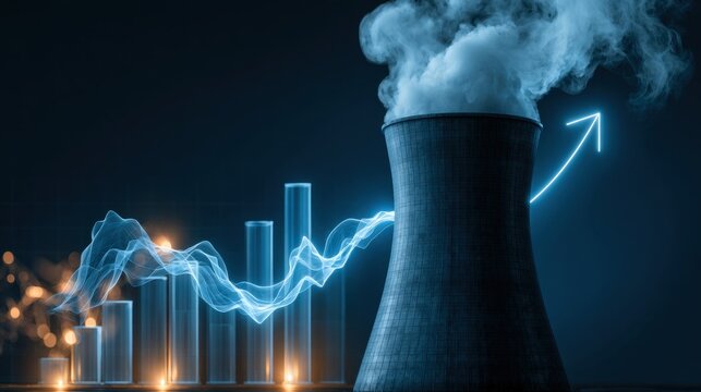 Industrial power plant with smoke emitting from cooling tower and glowing financial growth graph with upward arrow representing energy market increase and progress