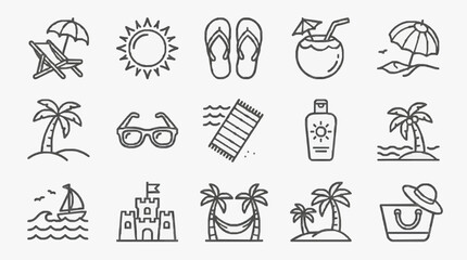 Fototapeta premium Clean Black and White Line Drawing Icons of Beach and Summer Vacation Essentials with high quality professional line art symbols for modern creative design and digital branding projects