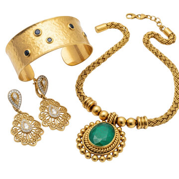 Gold jewelry set with green stone.